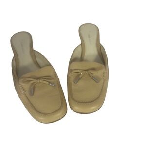 Vtg Etienne Aigner Women's Leather Mule Heels‎ Tan Size 9.5M Square Toe Slip On